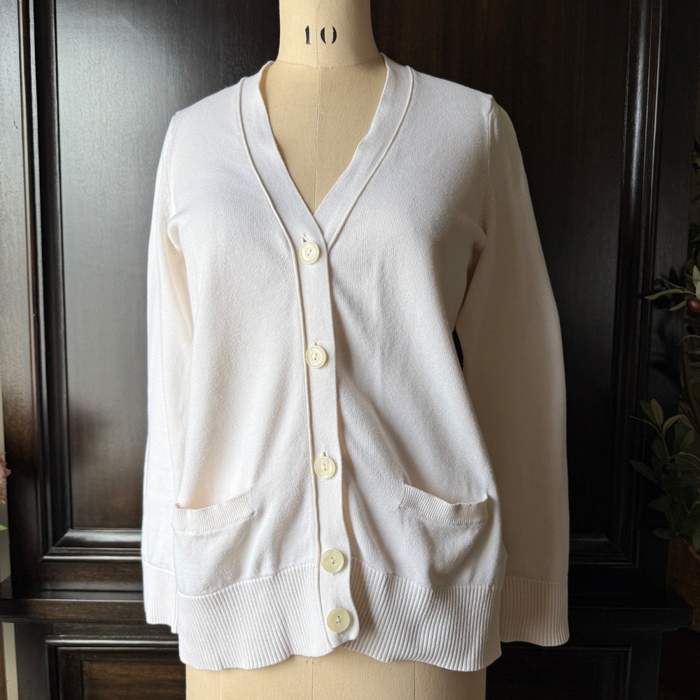 Tommy Hilfiger Cardigan Pima Cotton V Neck Button Front Pockets L Ivory minimal‎